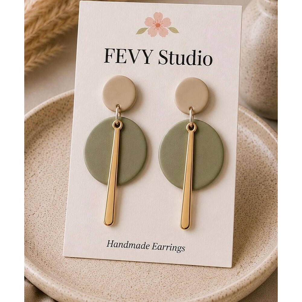 Sage Green Geometric Polymer Clay Earrings, Minimalist Gold Bar Dangle
